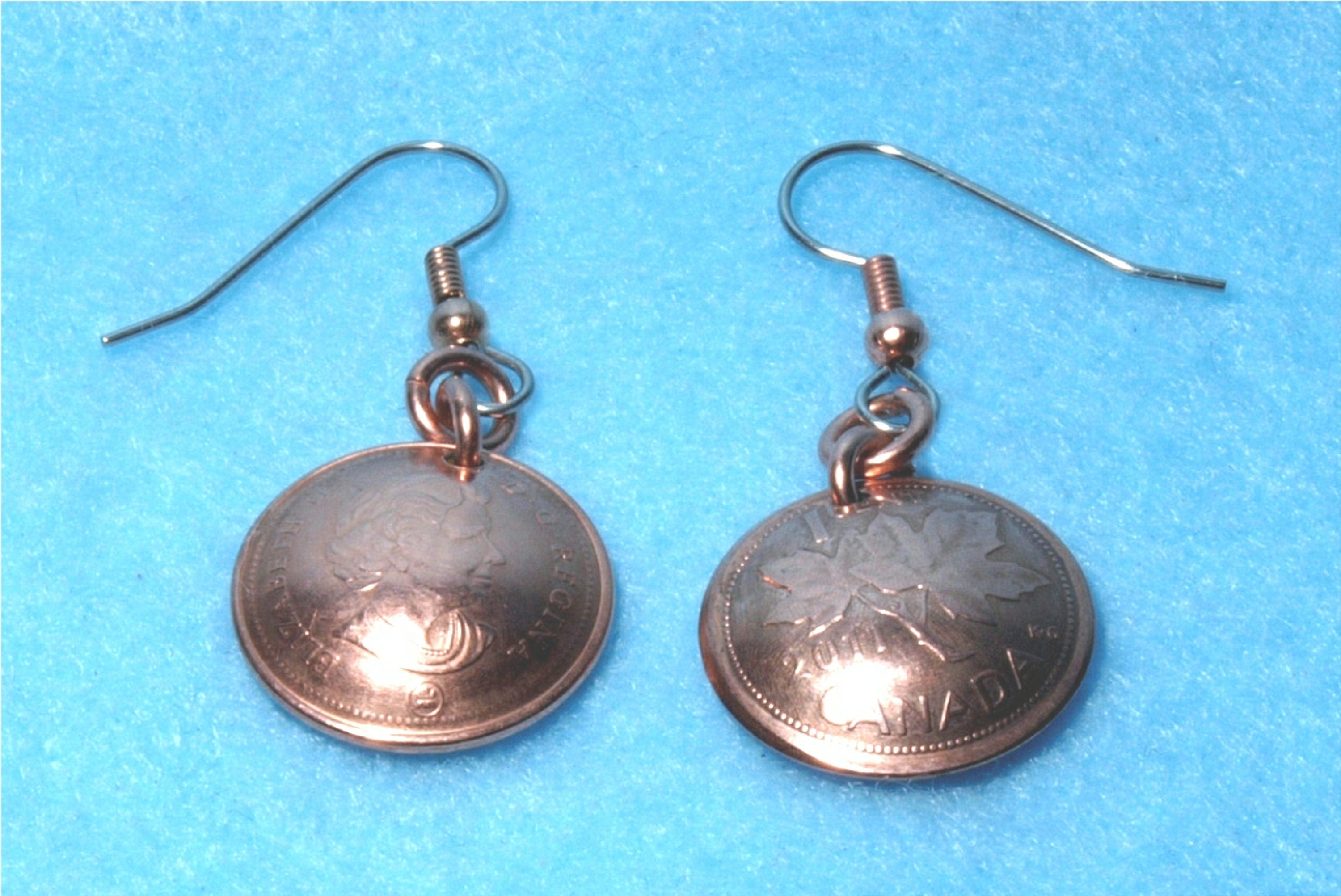 Rare Canadian Penny Earrings with Copper Rings and Surgical Steel Ear Wires