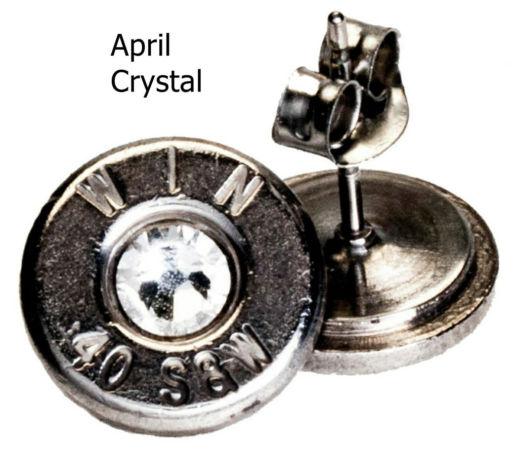 40Caliber Palladium Plated Recycled Bullet Ear Posts with Birthstone Crystals