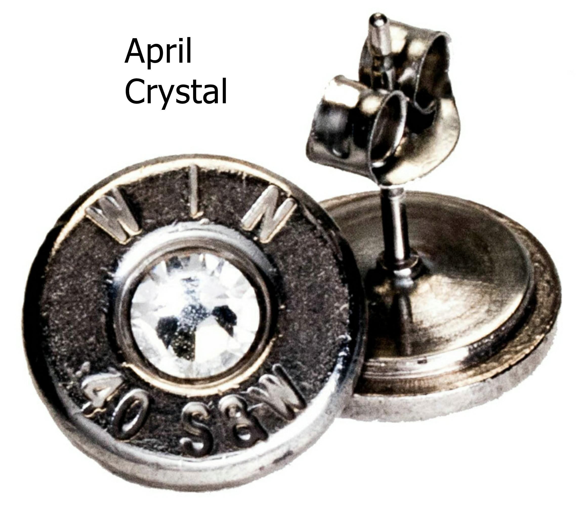 40Caliber Palladium Plated Recycled Bullet Ear Posts with Birthstone Crystals