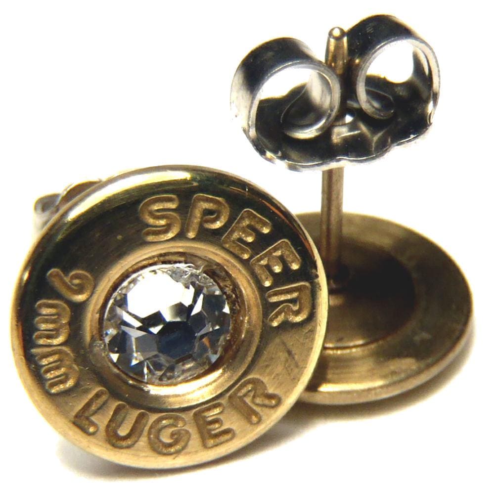 9mm Luger Stud Earrings: Gold Plated Brass with Crystal