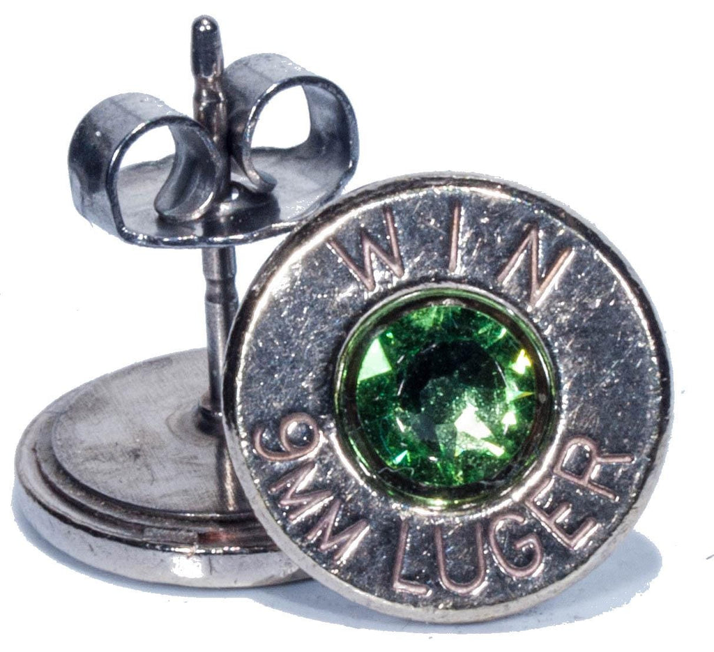 9mm Palladium Plated Recycled Bullet Ear Posts with Birthstone Crystals