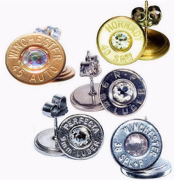 Recycled Bullet Stud Earrings – Crystal Primer, Palladium or Gold Plated